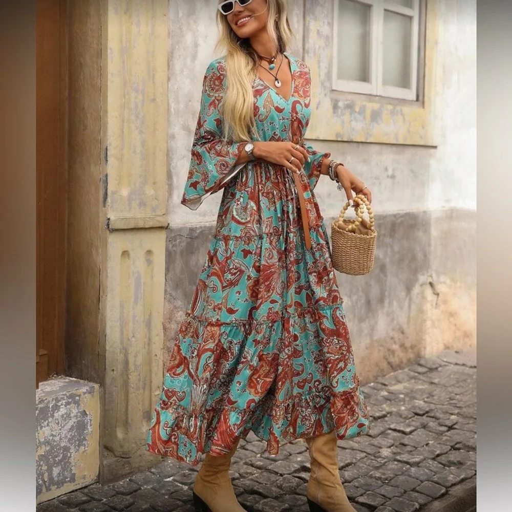 Boho floral paisley print maxi dress